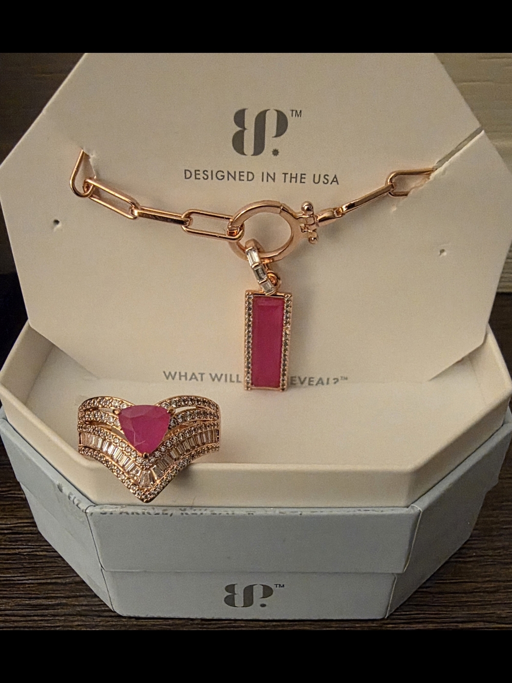 bp Gold-Tone Necklace and Ring Set with Bright Pink Stones